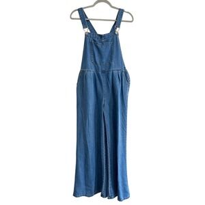 Lightweight Blue Viscose Wide Leg Overalls Jumpsuit Medium Bib Pocket Pleated